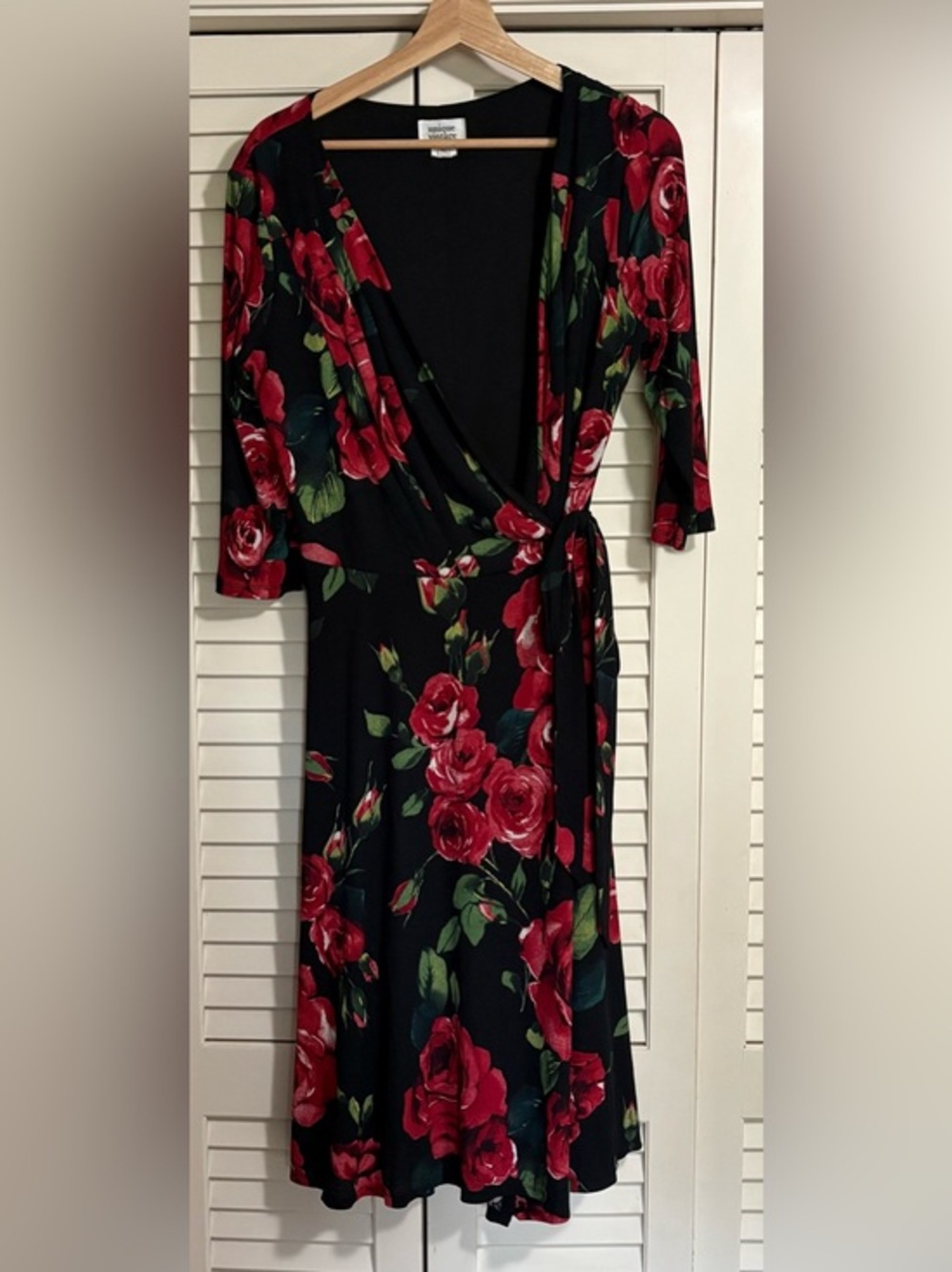 UNIQUE VINTAGE XL Black Wrap Dress with Red Rose Print